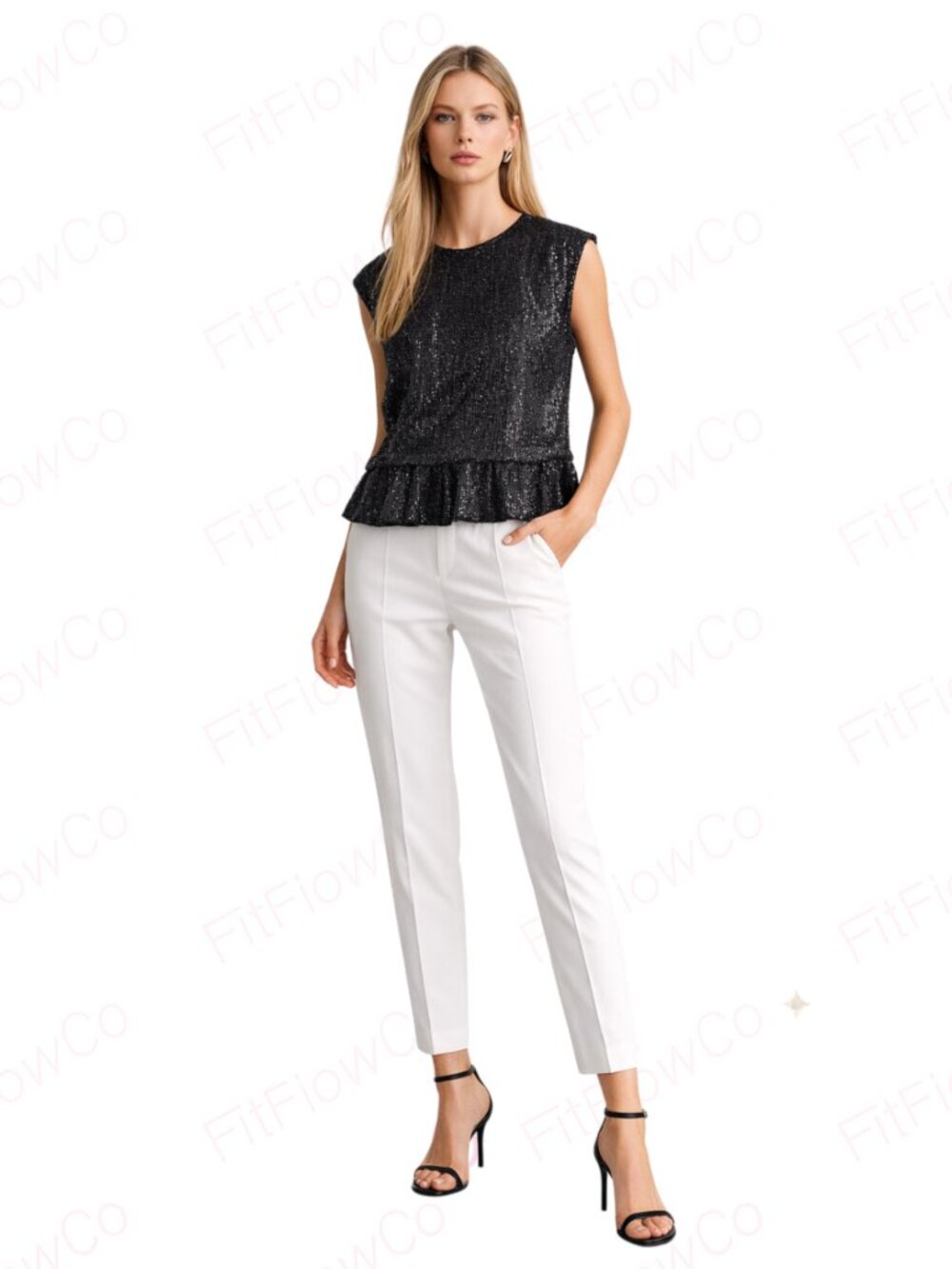 CeCe Black Sequin Peplum Sleeveless Top Size S NWT